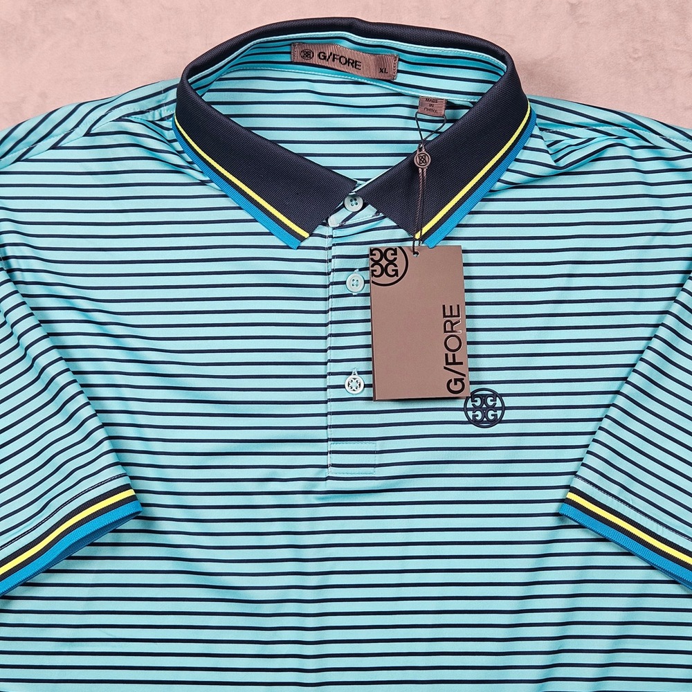 NEW G/FORE Polo Shirt Mens XL Blue Striped Skull & Tees 3D Tech Jersey Golf